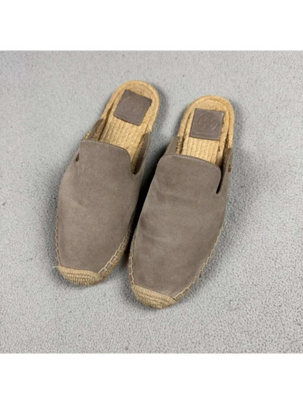 Tory Burch Suede Espadrille Mules Womens Size 8.5 M Taupe Slides Flat Slipper